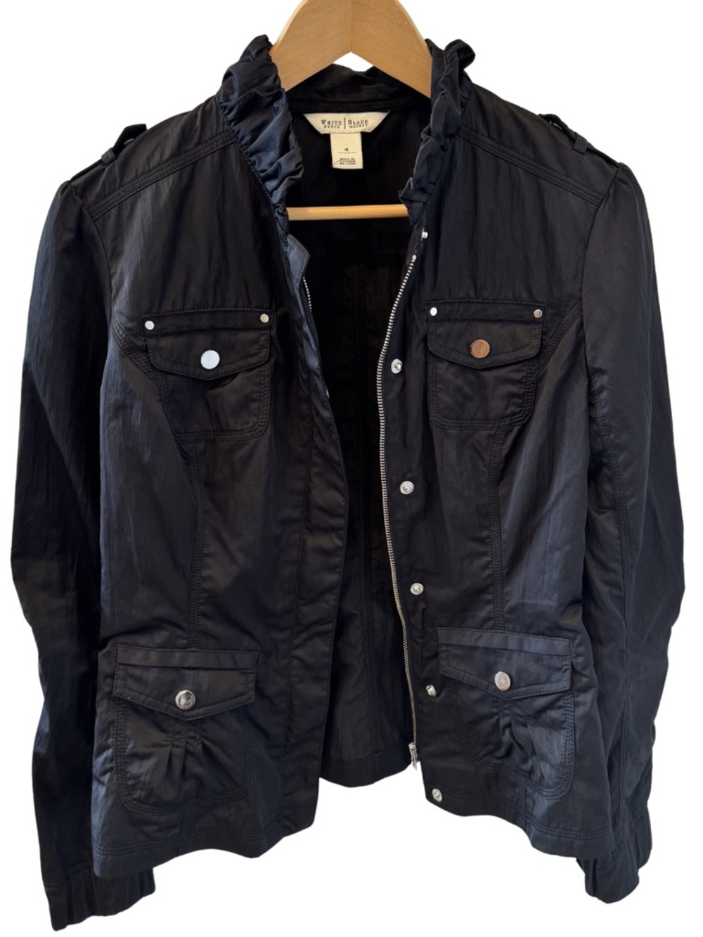 White House Black Market Black Utility Jacket Ruffle Collar Size 4 Lightweight